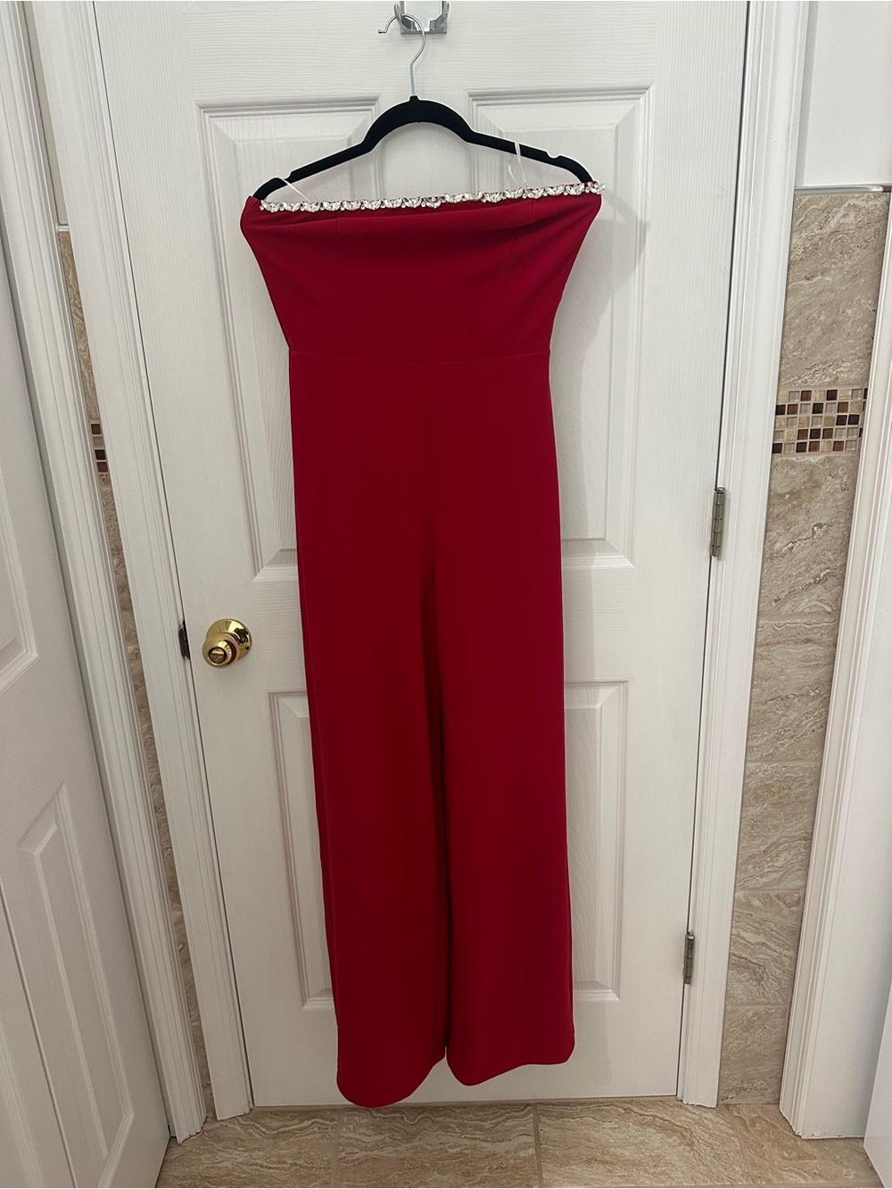 Lulu's Strapless Red Wide-Leg Jumpsuit with Embellished Trim